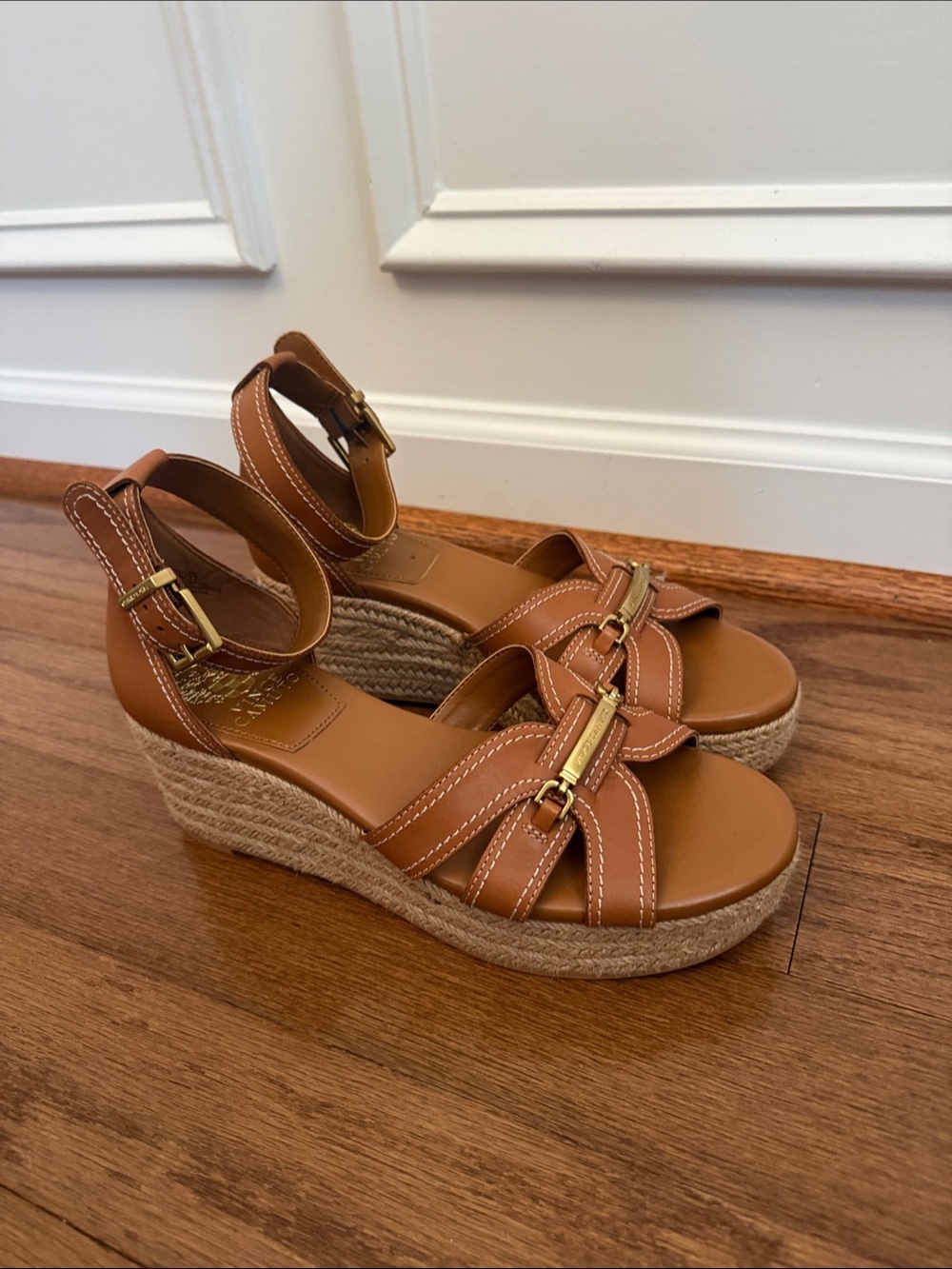 Brunch or Church Go To Wedges Vince Camuto Tan Wedge Sandals with Gold Accents